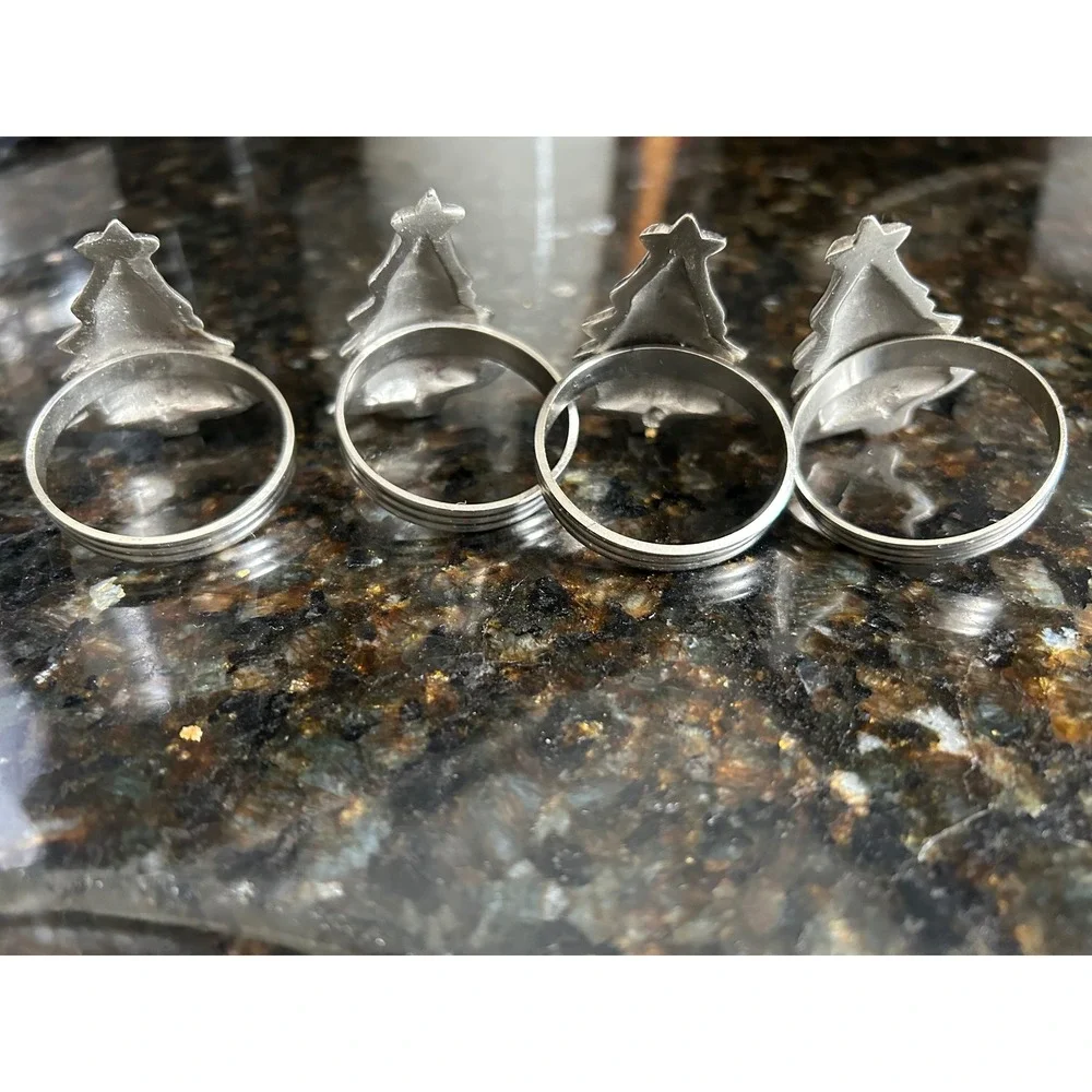 Silver Christmas Tree Napkin Rings Set of 4 Holiday Table Decor Star Top Metal